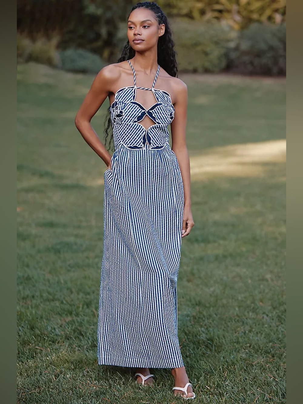Anthropologie Celandine Hibiscus Cutwork Cotton Midi Dress Navy Blue XXS